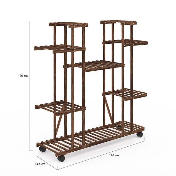 ID MARKET - Etagère à pots de fleurs porte plante en bois 8 niveaux à roulettes - large