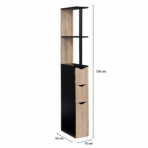 ID MARKET - Meuble WC étagère WILLY bois 3 portes noir et hêtre - large