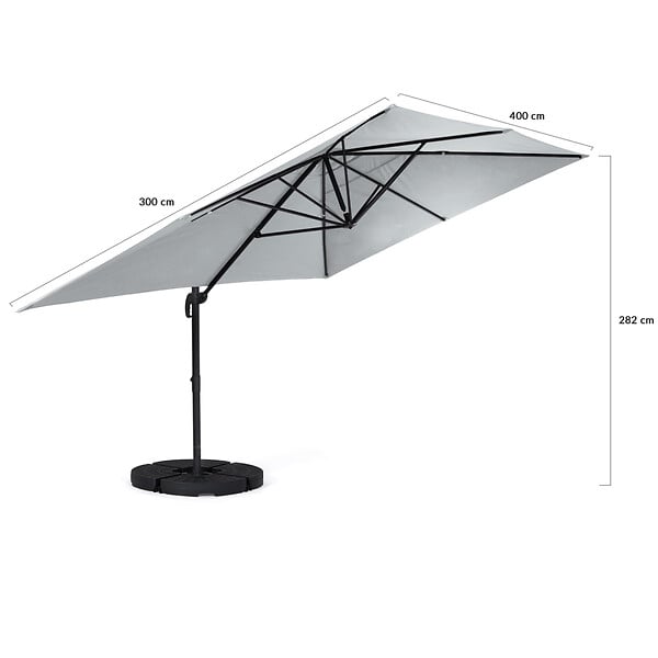 ID MARKET - Parasol déporté inclinable rotatif 360 CALVI gris clair 3x4 M avec 4 dalles et housse - large