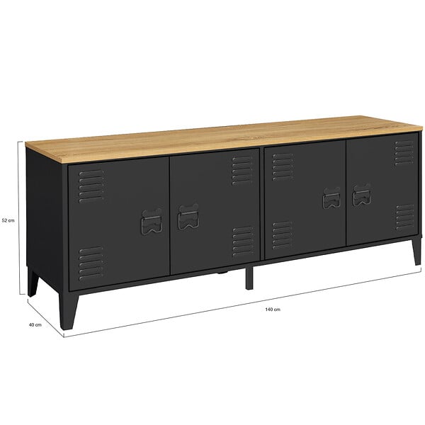 ID MARKET - Buffet bas 140 cm ESTER 4 portes métal noir et plateau bois design industriel - large
