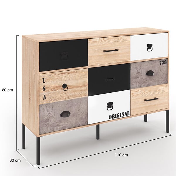 ID MARKET - Buffet 3 portes 3 tiroirs 110 cm SACRAMENTO design industriel - large