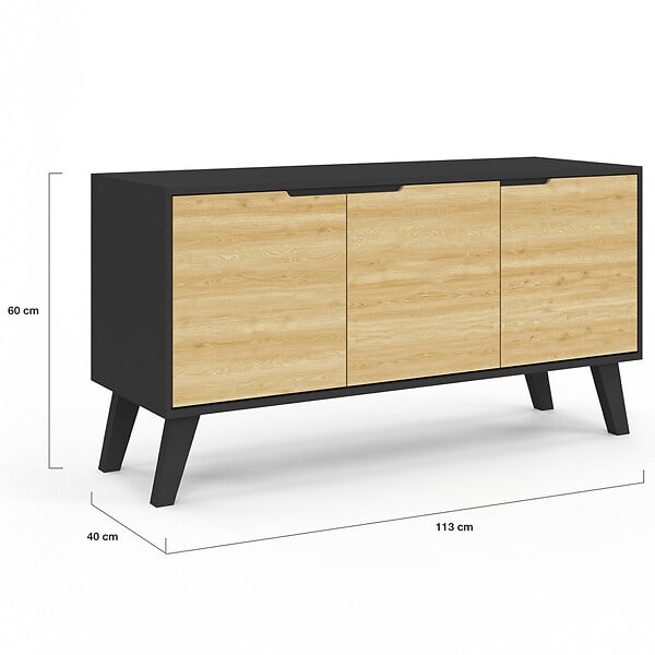 ID MARKET - Buffet bas scandinave 113 cm FINN 3 portes noir et bois façon hêtre - large