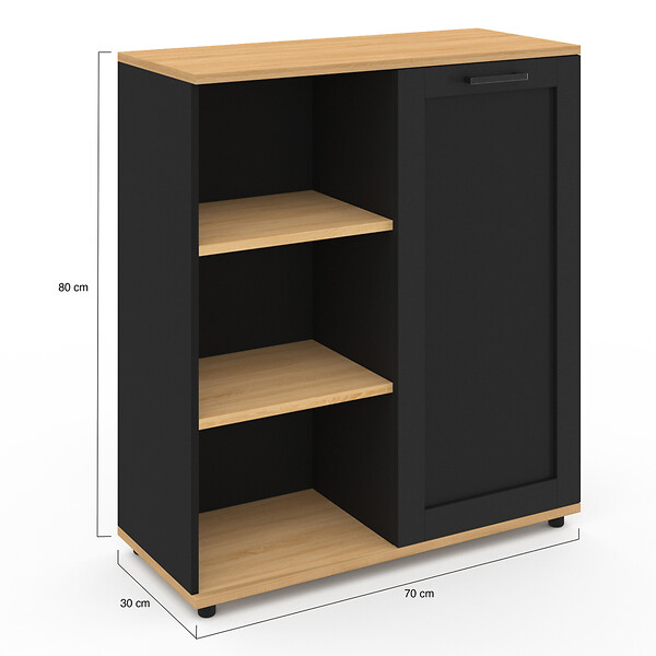 ID MARKET - Buffet d'appoint 70 cm VITO 3 étagères et placard noir et plateau bois - large