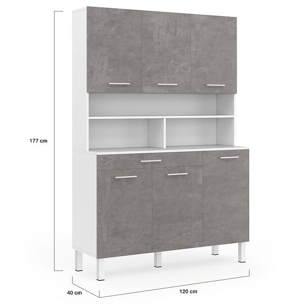 ID MARKET - Buffet de cuisine 120 CM CINA 6 portes + tiroir blanc et effet béton - large