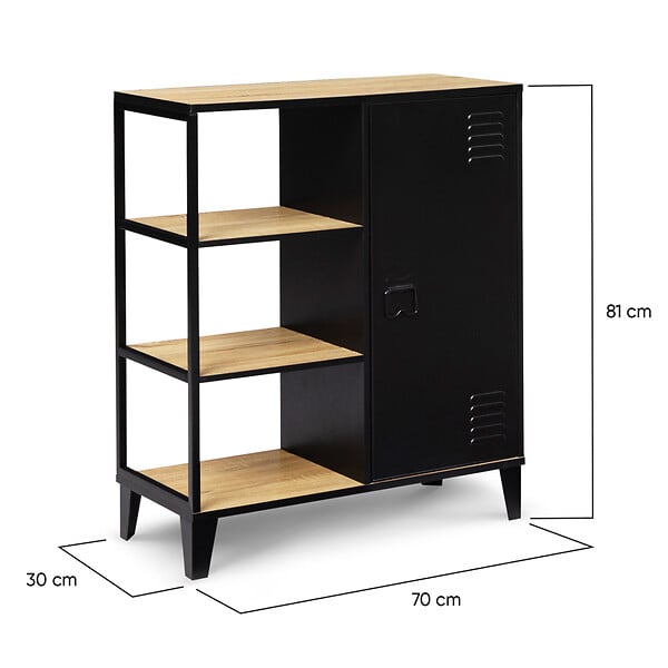 ID MARKET - Buffet d'appoint 3 étagères et placard métal noir et plateau bois 70 cm ESTER design industriel - large