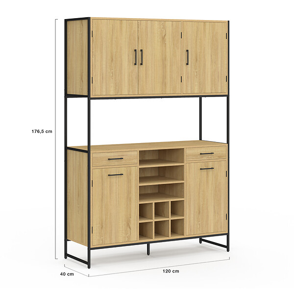 ID MARKET - Buffet de cuisine 120 CM DETROIT 5 portes + tiroirs + range-bouteilles design industriel - large