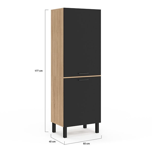 ID MARKET - Colonne de cuisine 60 cm CINA 2 portes façon hêtre et noir - large