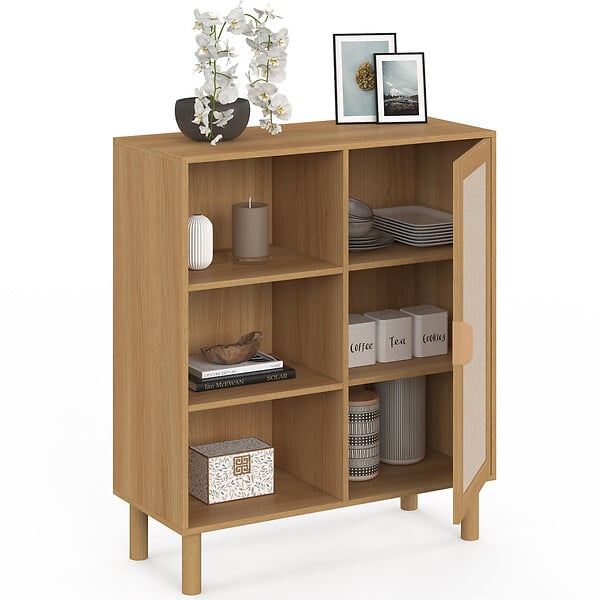 ID MARKET - Buffet d'appoint 3 étagères et placard 70 cm ROBIN meuble de rangement bois et tissu effet lin - large