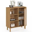 ID MARKET - Buffet d'appoint 3 étagères et placard 70 cm ROBIN meuble de rangement bois et tissu effet lin - vignette