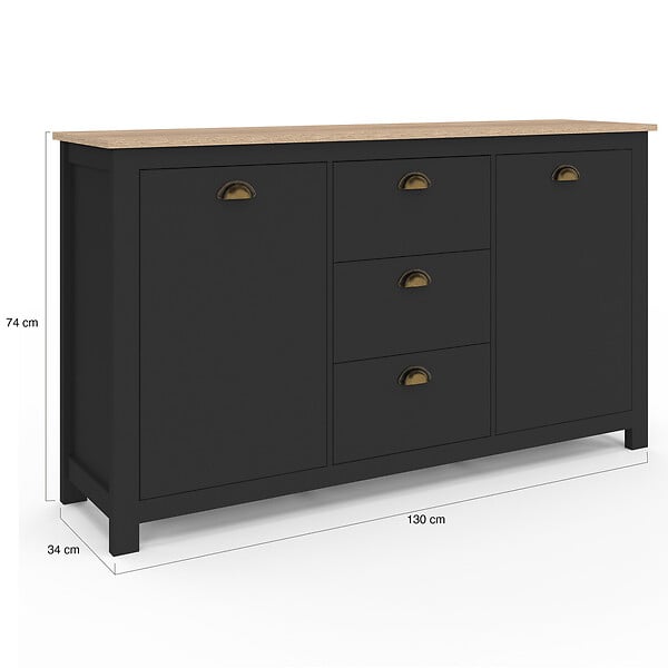 ID MARKET - Buffet 130 cm ISIS campagne 2 portes et 3 tiroirs bois et noir - large