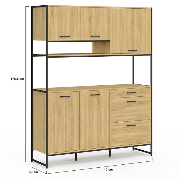 ID MARKET - Buffet casserolier de cuisine 140 cm DETROIT 5 portes + 3 tiroirs design industriel - large