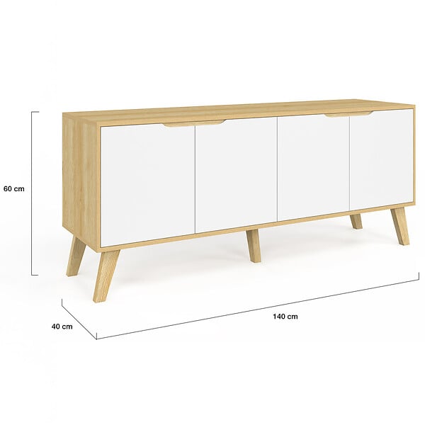 ID MARKET - Buffet bas scandinave 140 cm FINN  4 portes blanc et bois façon hêtre - large