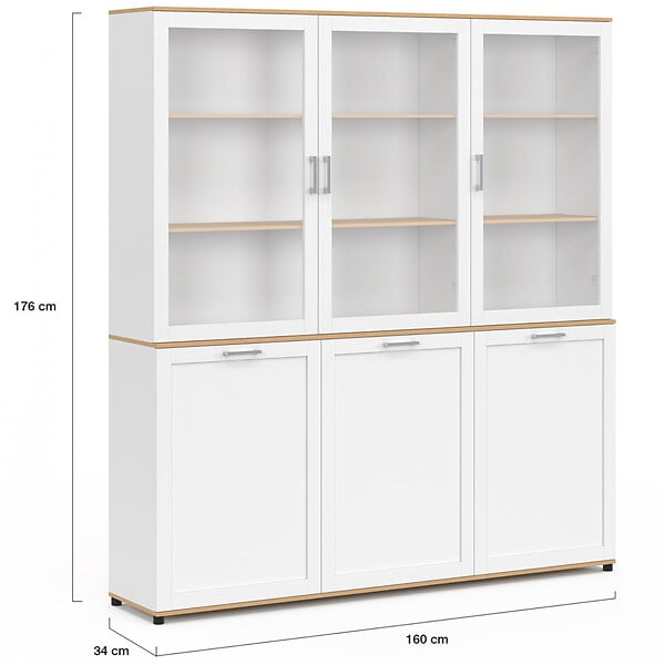 ID MARKET - Buffet vaisselier 160 cm VITO meuble de cuisine 6 portes blanc et bois - large