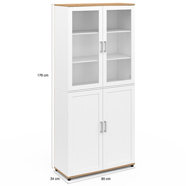 ID MARKET - Meuble armoire colonne salle de bain VITO 4 portes dont 2 vitrées blanc et bois - large