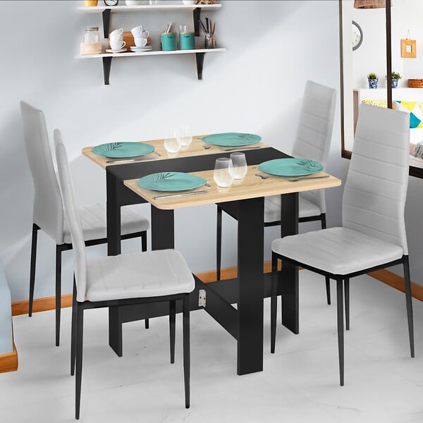 ID MARKET - Table console pliable EDI 2-4 personnes bois noir plateau façon hêtre 103 x 76 cm - large
