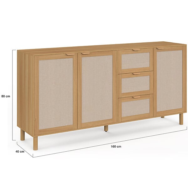ID MARKET - Buffet 160 cm ROBIN 4 portes bois et effet lin - large
