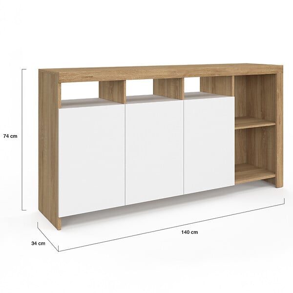 ID MARKET - Buffet 140 cm MALO bois façon hêtre et portes blanches - large