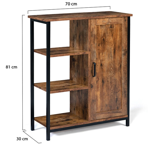 ID MARKET - Buffet d'appoint 3 étagères et placard 70 cm DAYTON effet vieilli design industriel - large