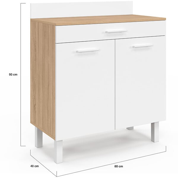 ID MARKET - Buffet bas de cuisine 80 cm CINA plan de travail H.83 cm 2 portes + tiroir façon hêtre et blanc - large