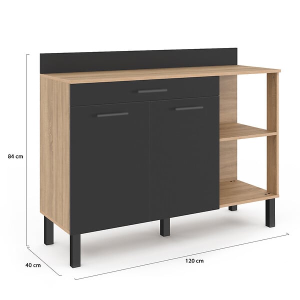 ID MARKET - Buffet bas de cuisine 120 CM CINA plan de travail H.83 cm 2 portes + tiroir façon hêtre et noir - large