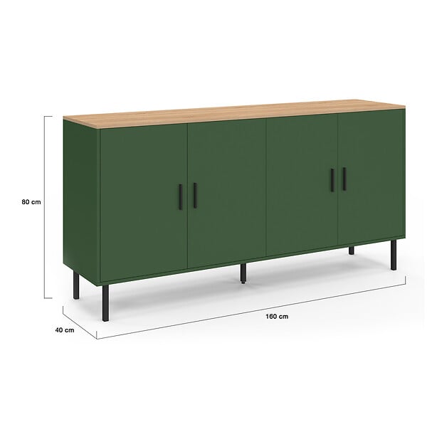 ID MARKET - Buffet 160 cm KELIA 4 portes vert kaki et plateau bois - large