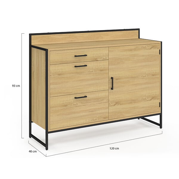 ID MARKET - Buffet bas casserolier de cuisine 120 cm DETROIT plan de travail H.83 cm 1 porte + 3 tiroirs design industriel - large