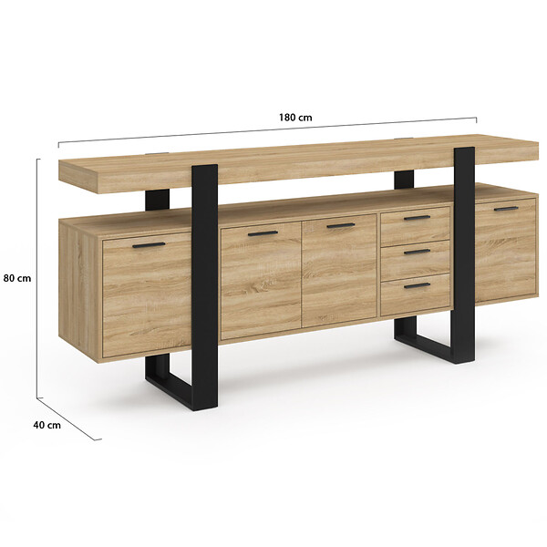 ID MARKET - Buffet 180 cm PHOENIX XXL 4 portes avec 3 tiroirs bois et noir - large