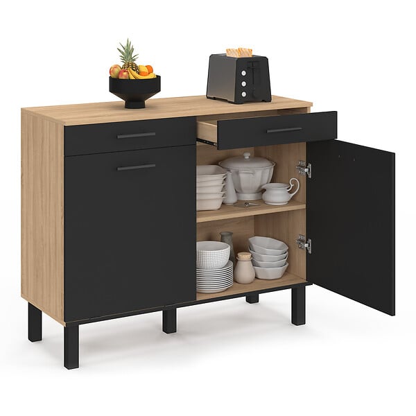 ID MARKET - Buffet bas de cuisine avec espace poubelle 100 cm CINA plan de travail H.83 cm 2 portes + tiroirs façon hêtre et noir - large