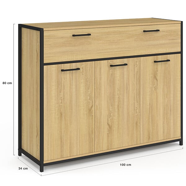 ID MARKET - Buffet 100 cm DETROIT 3 portes et 1 tiroir design industriel - large