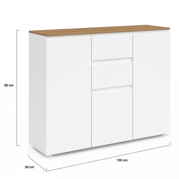 ID MARKET - Buffet 100 cm TOBY 3 portes 2 tiroirs blanc et plateau bois - large