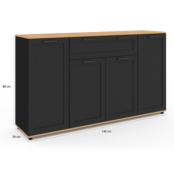 ID MARKET - Buffet 140 cm VITO 4 portes et 1 tiroir noir et bois - large