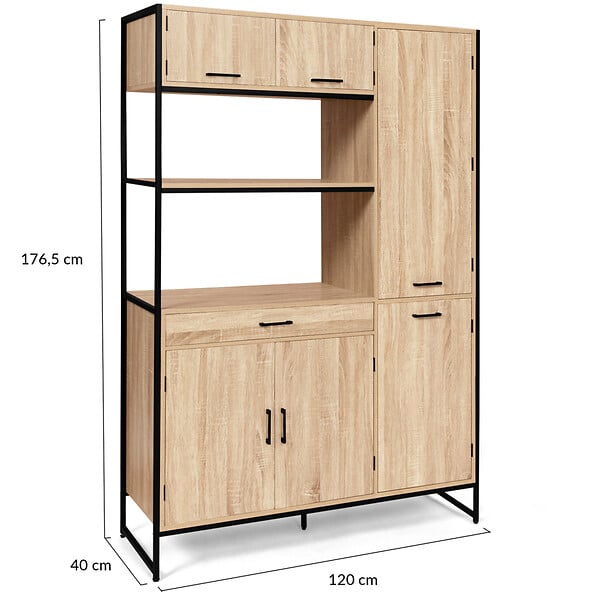 ID MARKET - Buffet de cuisine avec colonne de rangement 120 CM DETROIT 6 portes + tiroir design industriel - large