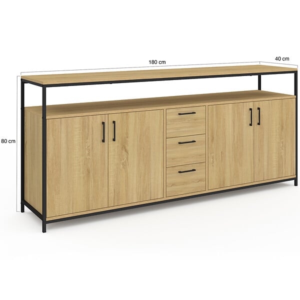 ID MARKET - Buffet 180 cm DETROIT XXL 4 portes et tiroirs design industriel - large