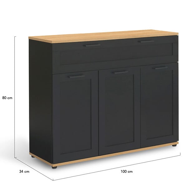 ID MARKET - Buffet 100 cm VITO 3 portes et 1 tiroir noir et plateau bois - large