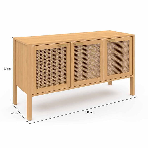 ID MARKET - Buffet bas 110 cm EDHEN 3 portes bois et cannage - large