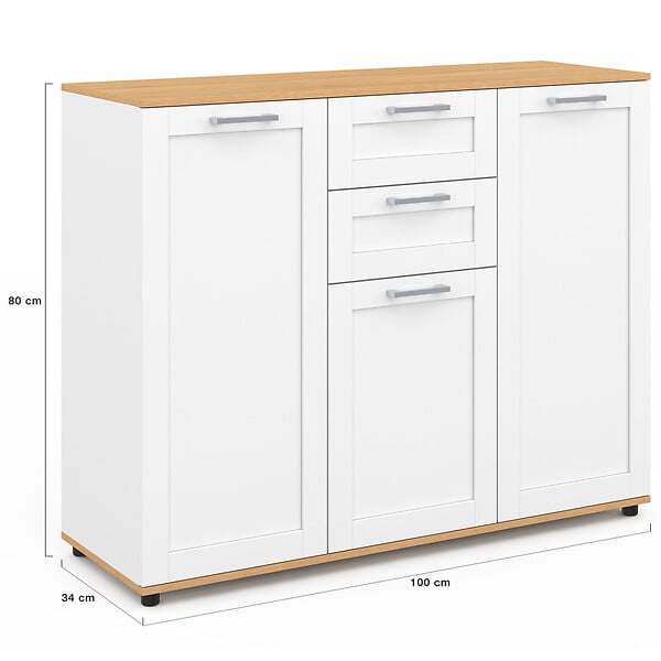 ID MARKET - Buffet 100 cm VITO 3 portes et 2 tiroirs blanc et plateau bois - large