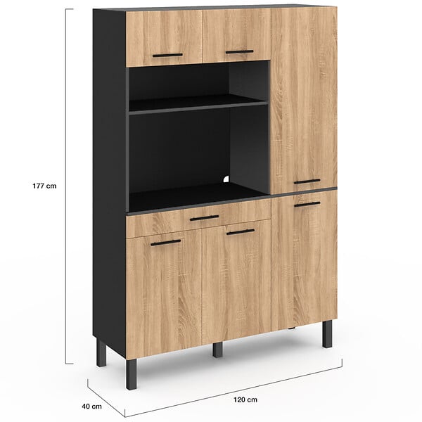 ID MARKET - Buffet de cuisine avec colonne de rangement 120 CM CINA 6 portes + tiroir noir et façon hêtre - large