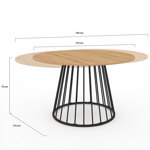 ID MARKET - Table à manger extensible ronde YUNA 4-8 personnes plateau bois et pied filaire en métal 110-150 cm - large