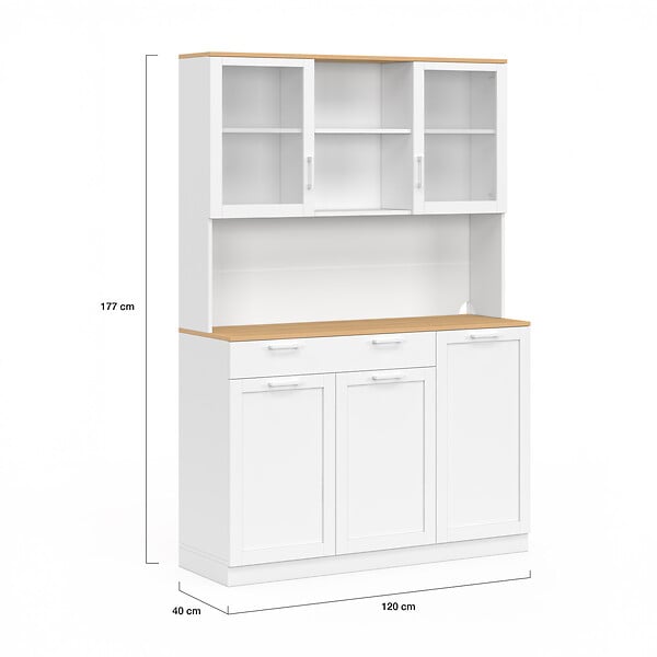 ID MARKET - Buffet de cuisine vitré 120 cm VITO 5 portes + 1 tiroir blanc et plateau façon hêtre - large
