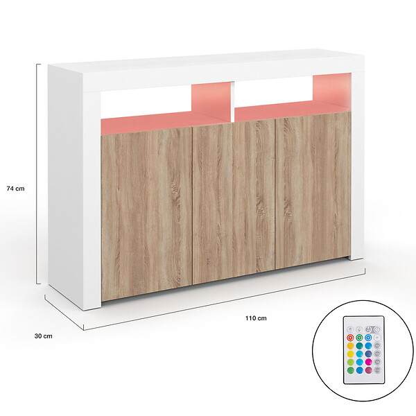 ID MARKET - Buffet 110 cm ELIGHT 3 portes avec LED et niches blanc et bois façon hêtre - large