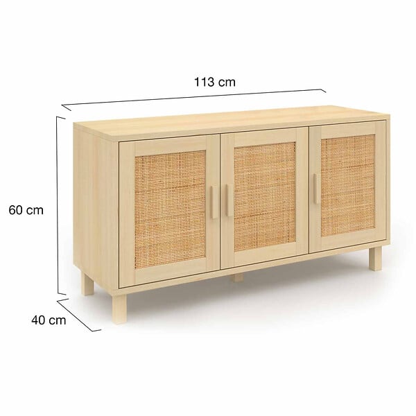 ID MARKET - Buffet bas vintage 113 cm ELIN 3 portes effet naturel cannage - large
