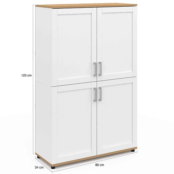 ID MARKET - Buffet haut H. 125 cm VITO 4 portes blanc et bois - large