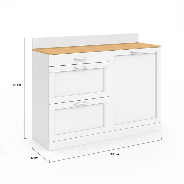 ID MARKET - Buffet bas de cuisine 120 cm casserolier VITO plan de travail H.83 cm 1 porte + 3 tiroirs blanc et plateau façon hêtre - large