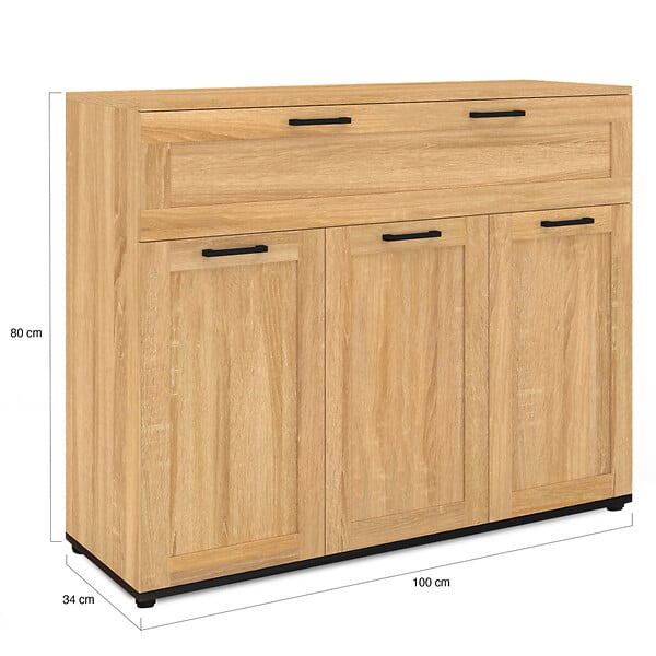 ID MARKET - Buffet 100 cm VITO 3 portes et 1 tiroir façon hêtre et poignées noires - large