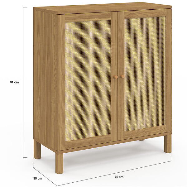 ID MARKET - Buffet d'appoint vintage 2 portes 70 cm HANAE effet naturel cannage - large