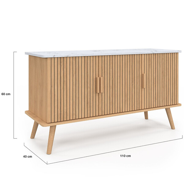 ID MARKET - Buffet 110 cm JULIETTE plateau effet marbre 3 portes lattes tasseau bois coloris chêne - large