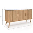 ID MARKET - Buffet 110 cm JULIETTE plateau effet marbre 3 portes lattes tasseau bois coloris chêne - vignette