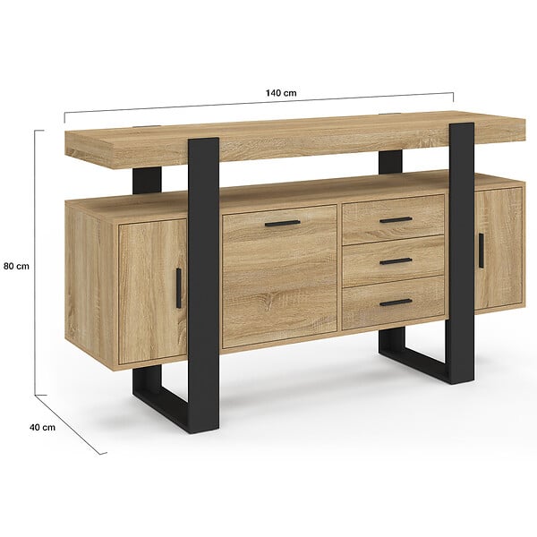 ID MARKET - Buffet 140 cm PHOENIX 3 portes et 3 tiroirs bois et noir - large