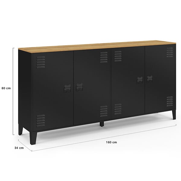 ID MARKET - Buffet 160cm ESTER 4 portes en métal noir plateau bois design industriel - large