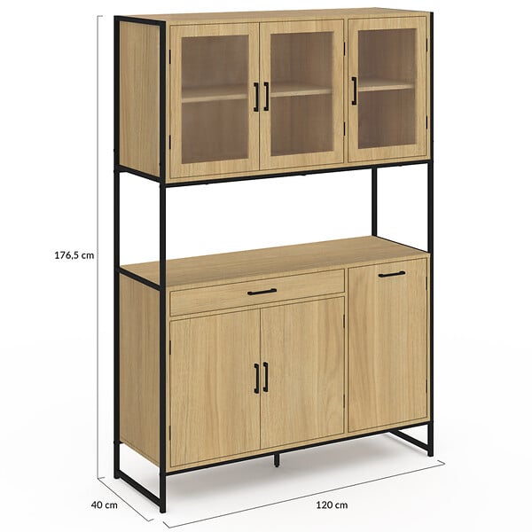 ID MARKET - Buffet de cuisine vitré 120 CM DETROIT meuble vaisselier 6 portes design industriel + tiroir - large